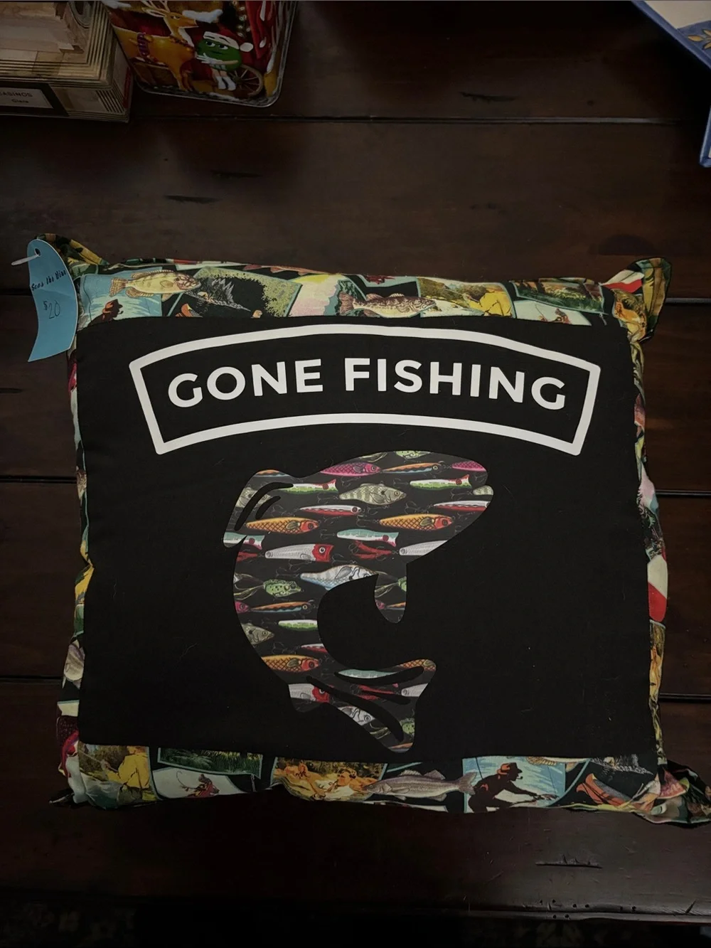 Gone Fishing Decorative Pillow - Black with Multi-Color Lure Accent